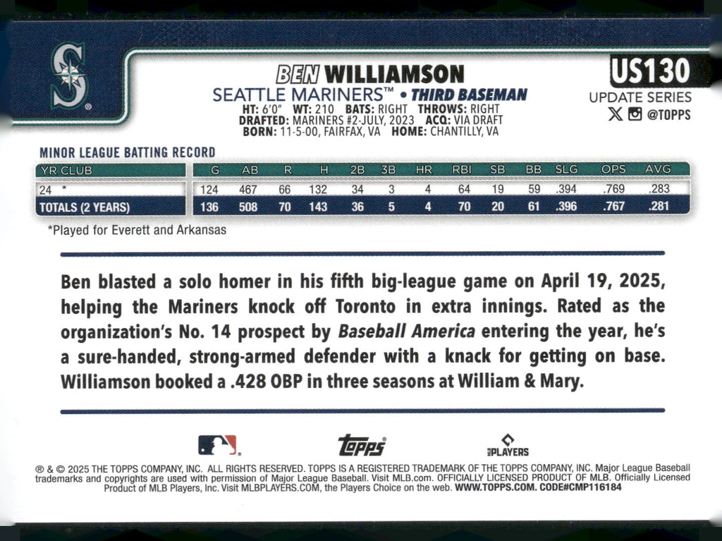 2025 Topps Update #US130 Ben Williamson