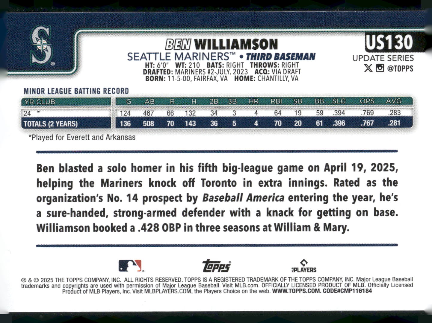 2025 Topps Update #US130 Ben Williamson