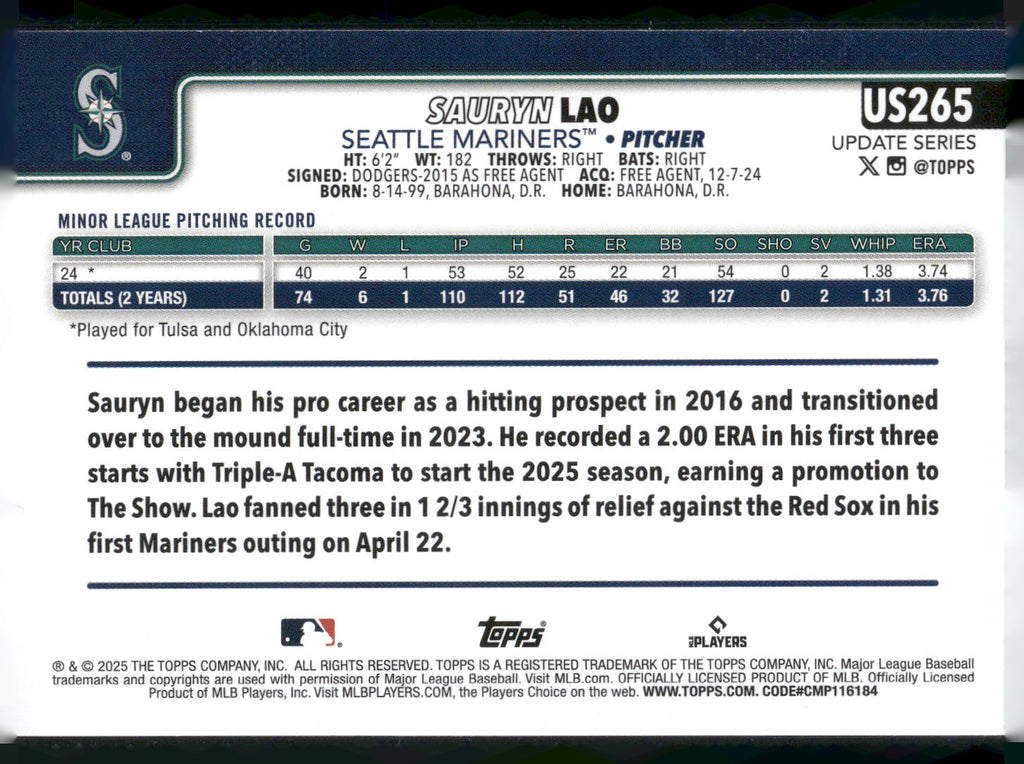 2025 Topps Update #US265 Sauryn Lao