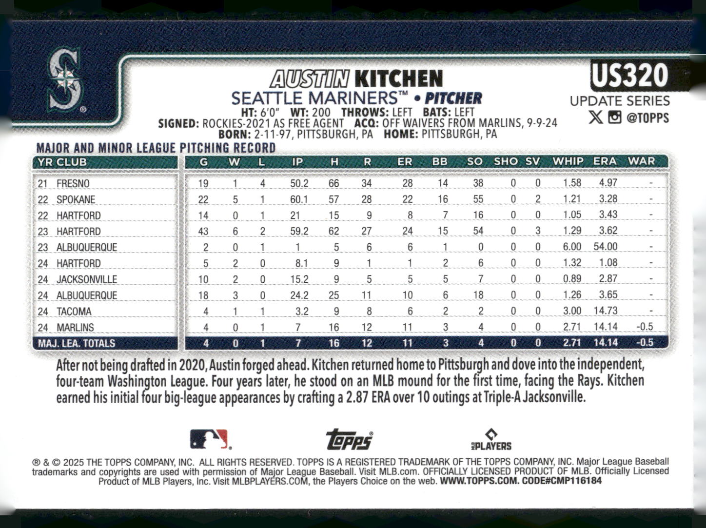 2025 Topps Update #US320 Austin Kitchen