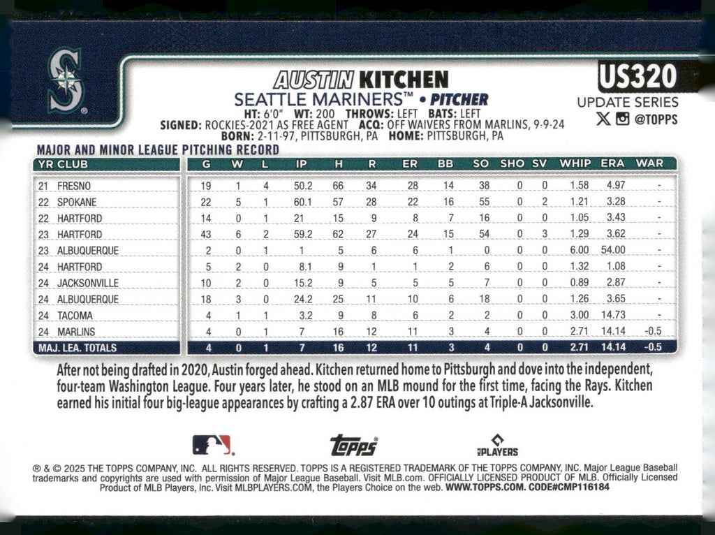 2025 Topps Update #US320 Austin Kitchen