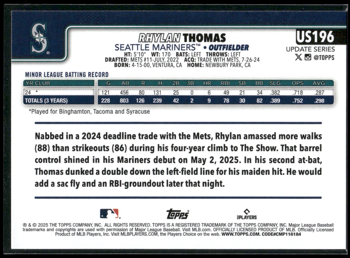 2025 Topps Update #US196 Rhylan Thomas