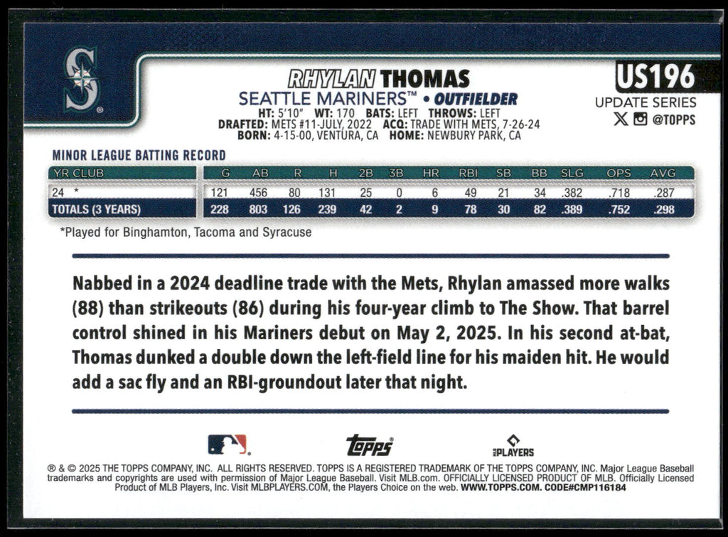 2025 Topps Update #US196 Rhylan Thomas