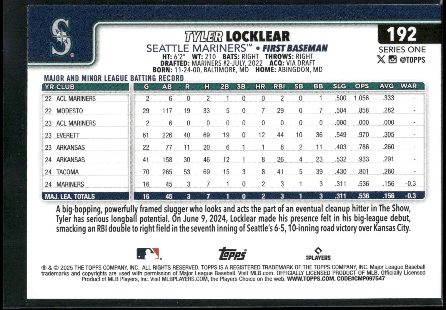 2025 Topps #192 Tyler Locklear