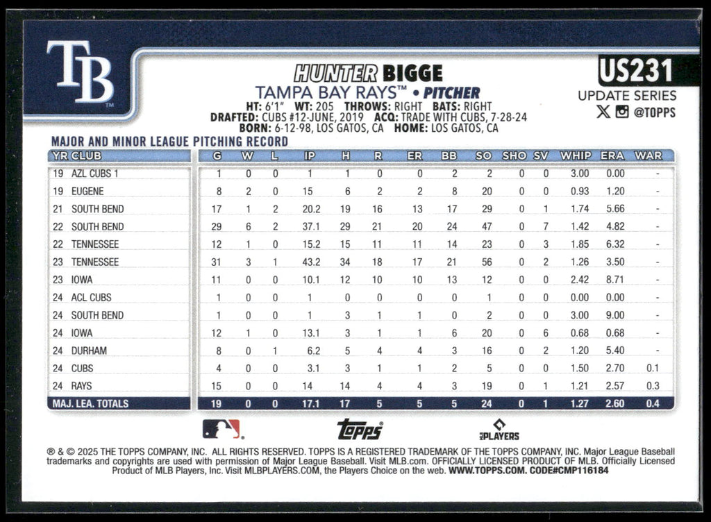 2025 Topps Update #US231 Hunter Bigge