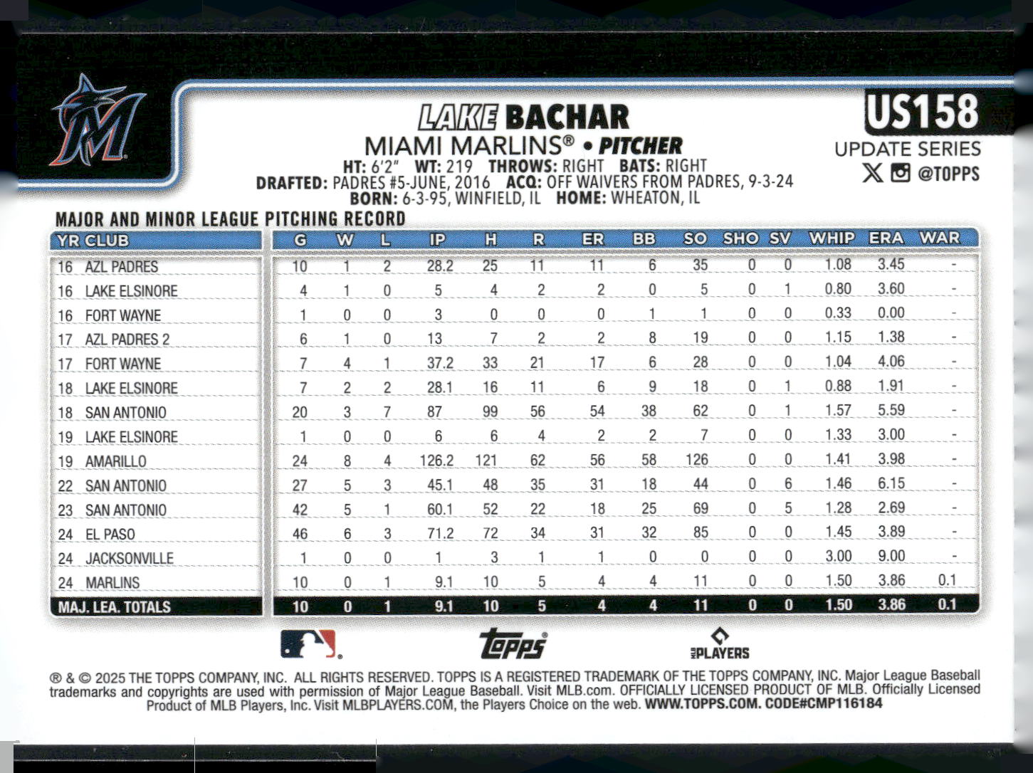 2025 Topps Update #US158 Lake Bachar