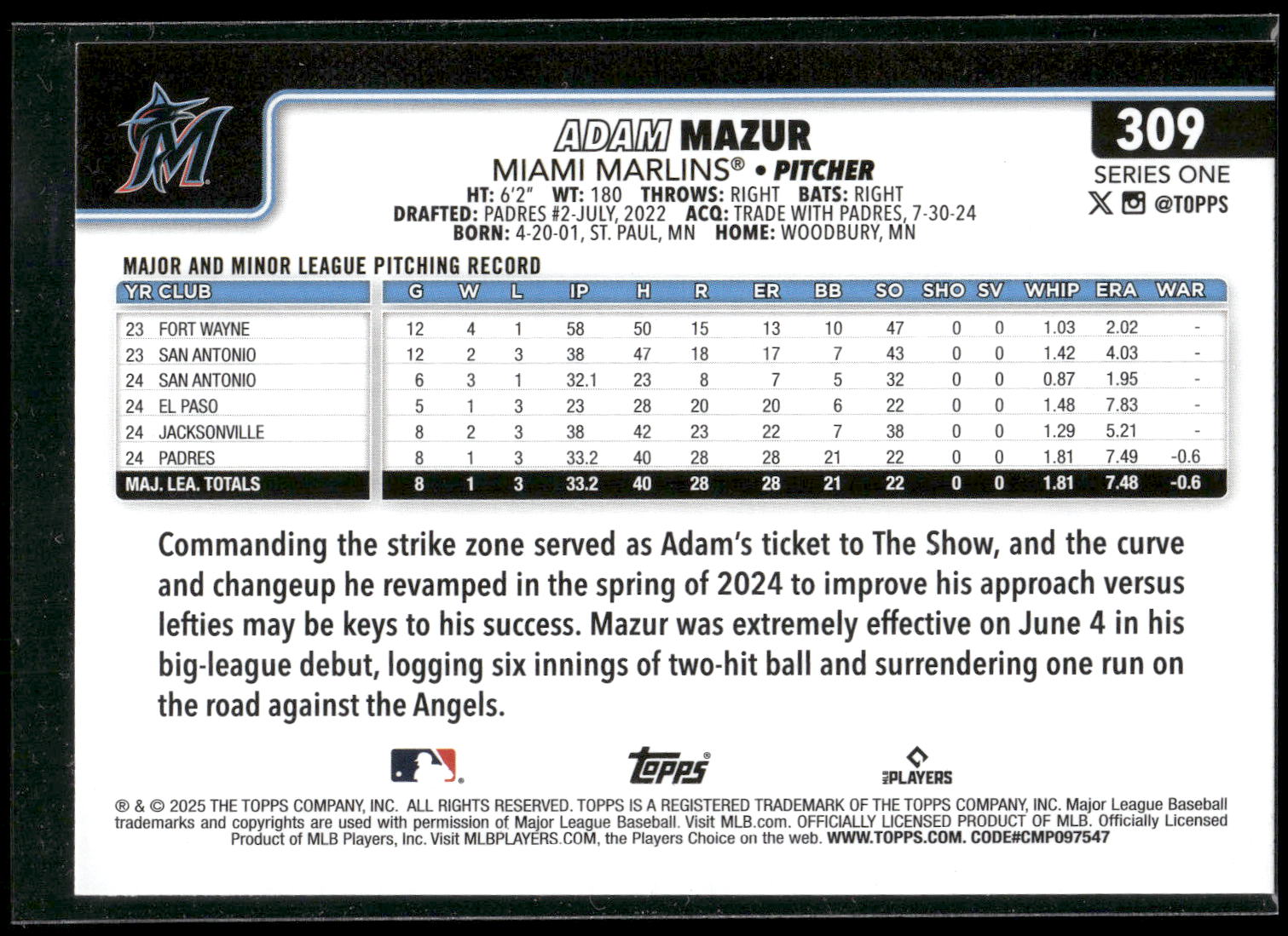 2025 Topps #309 Adam Mazur