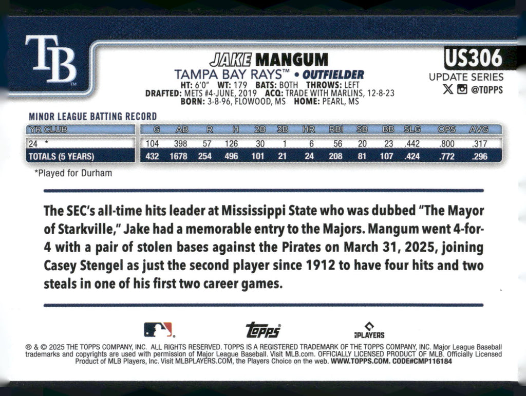 2025 Topps Update #US306 Jake Mangum