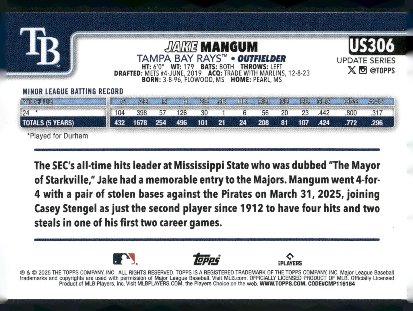 2025 Topps Update #US306 Jake Mangum