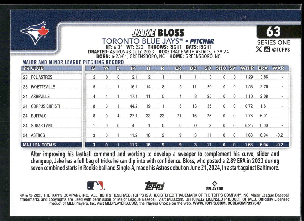 2025 Topps #63 Jake Bloss