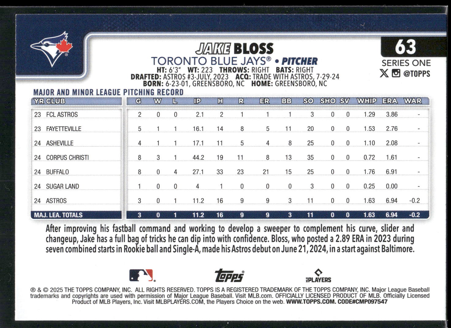 2025 Topps #63 Jake Bloss