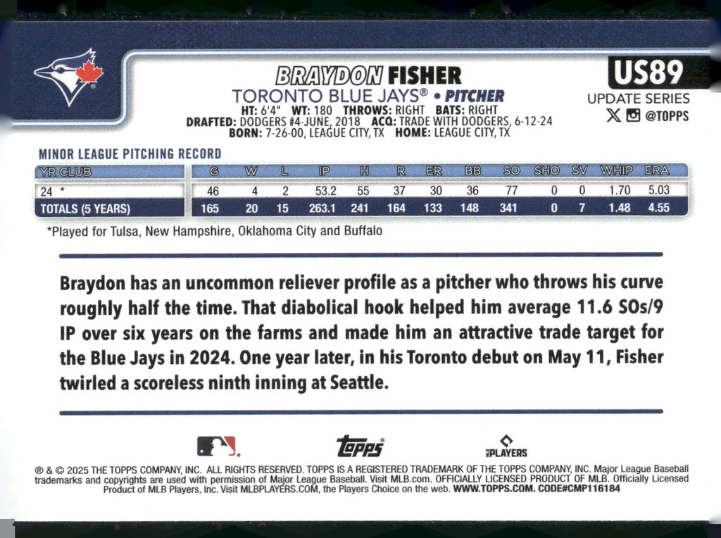 2025 Topps Update #US89 Braydon Fisher