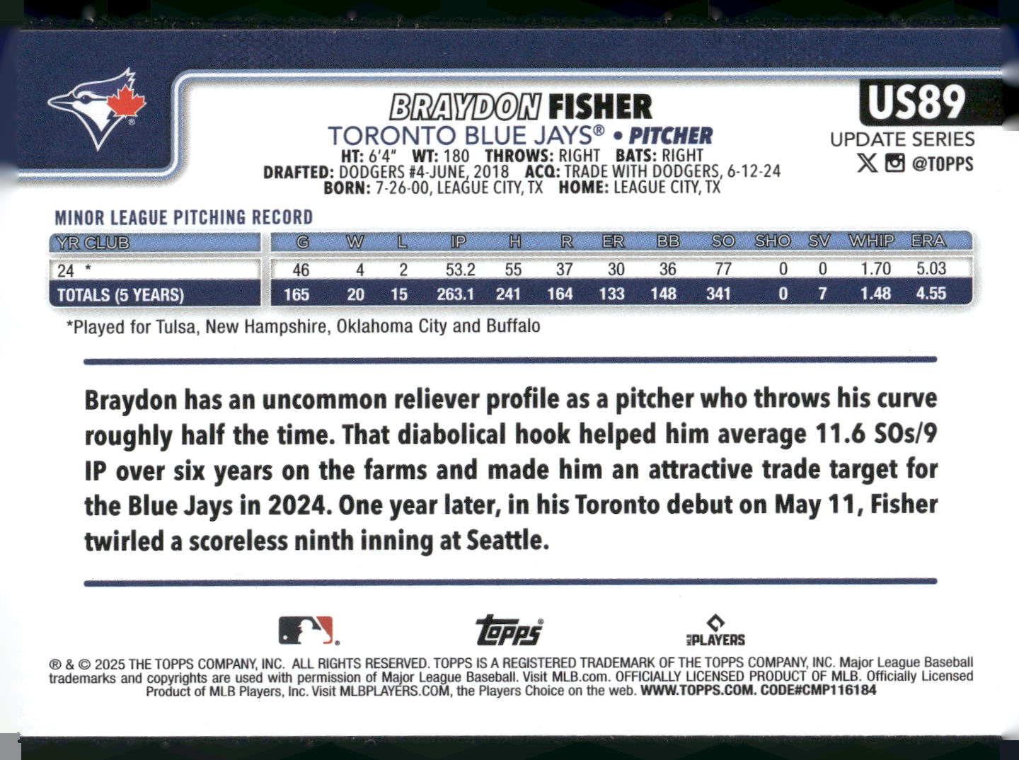 2025 Topps Update #US89 Braydon Fisher