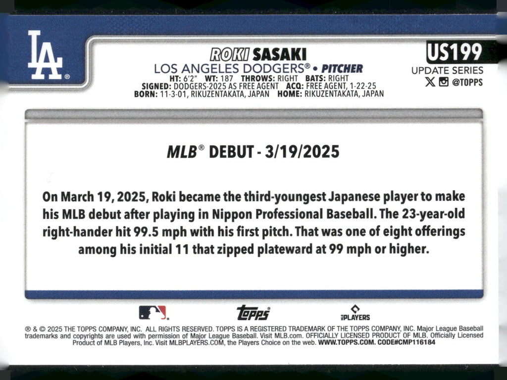 2025 Topps Update #US199 Roki Sasaki
