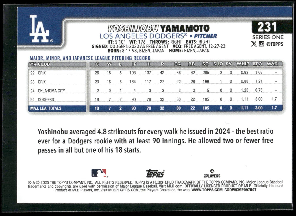 2025 Topps #231 Yoshinobu Yamamoto