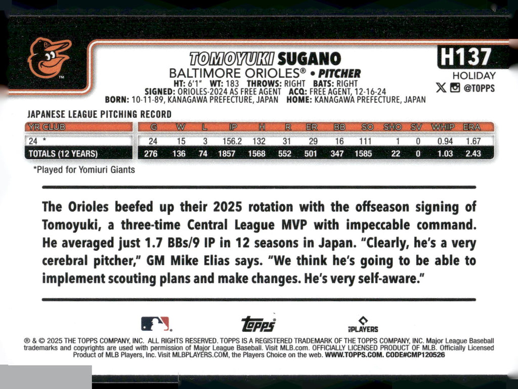2025 Topps Holiday #H137 Tomoyuki Sugano