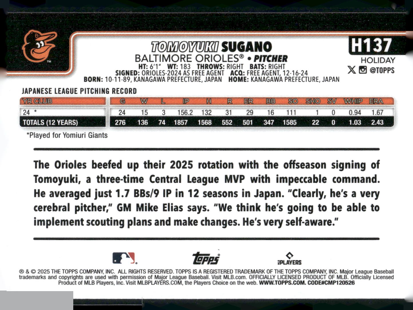 2025 Topps Holiday #H137 Tomoyuki Sugano
