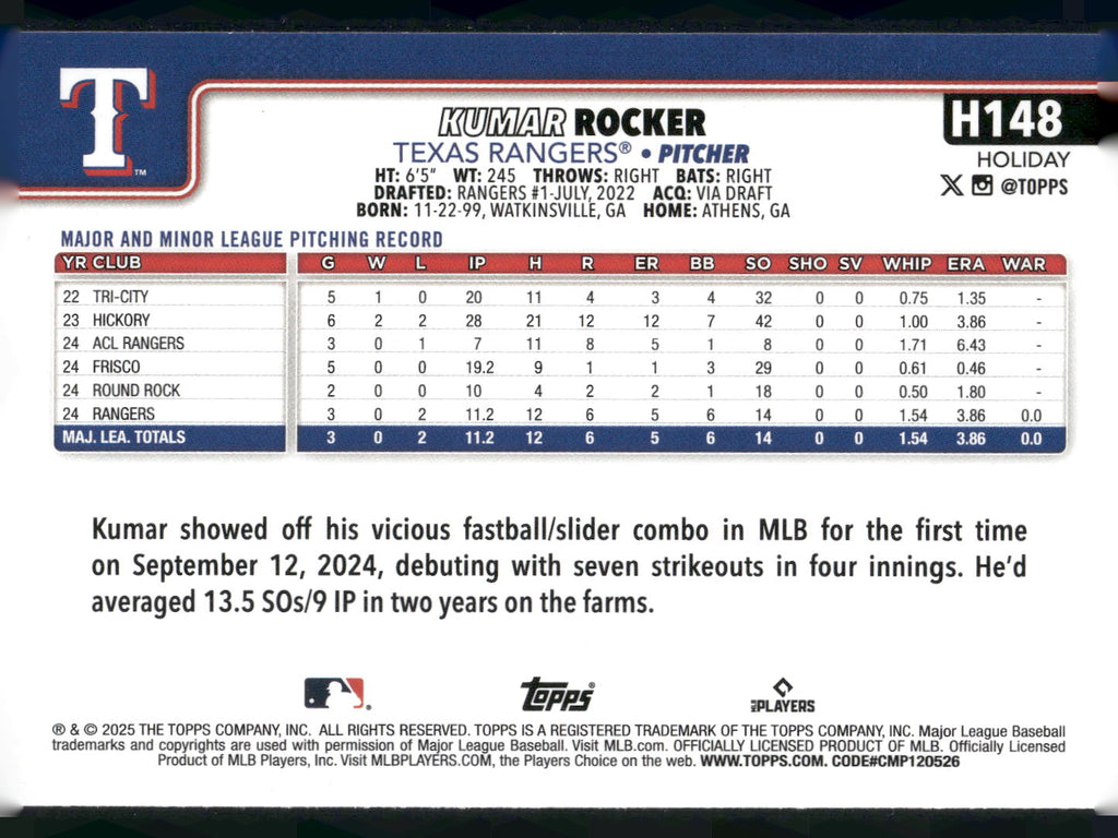 2025 Topps Holiday #H148 Kumar Rocker