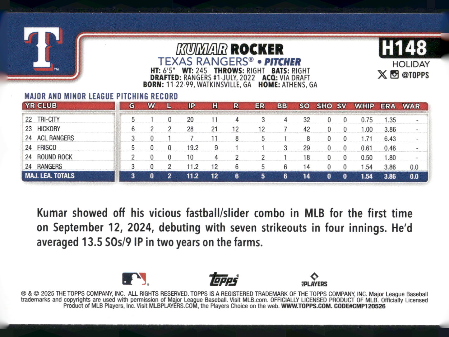 2025 Topps Holiday #H148 Kumar Rocker