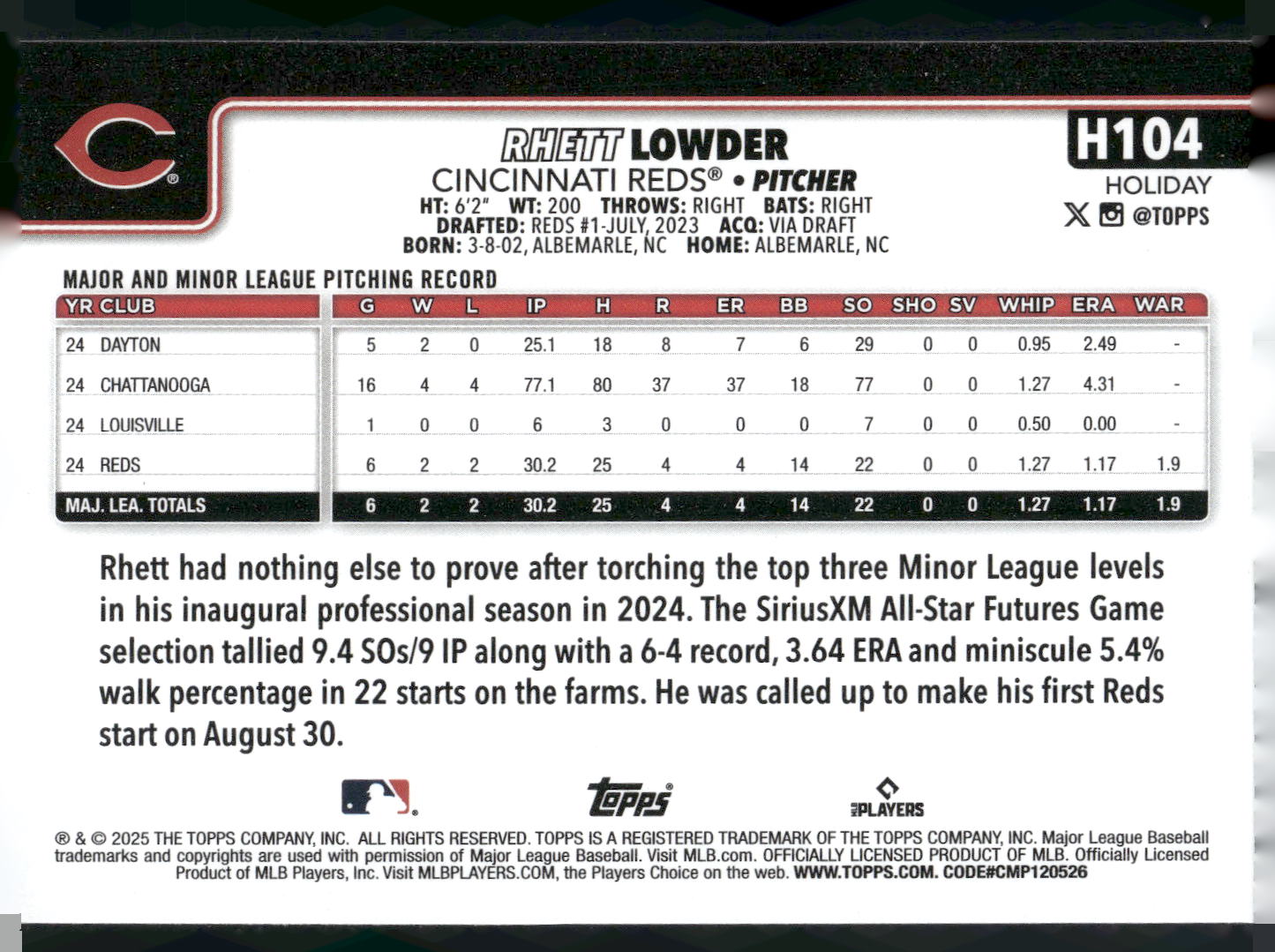 2025 Topps Holiday #H104 Rhett Lowder