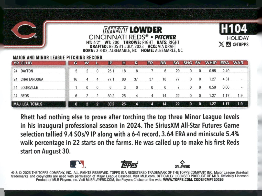 2025 Topps Holiday #H104 Rhett Lowder