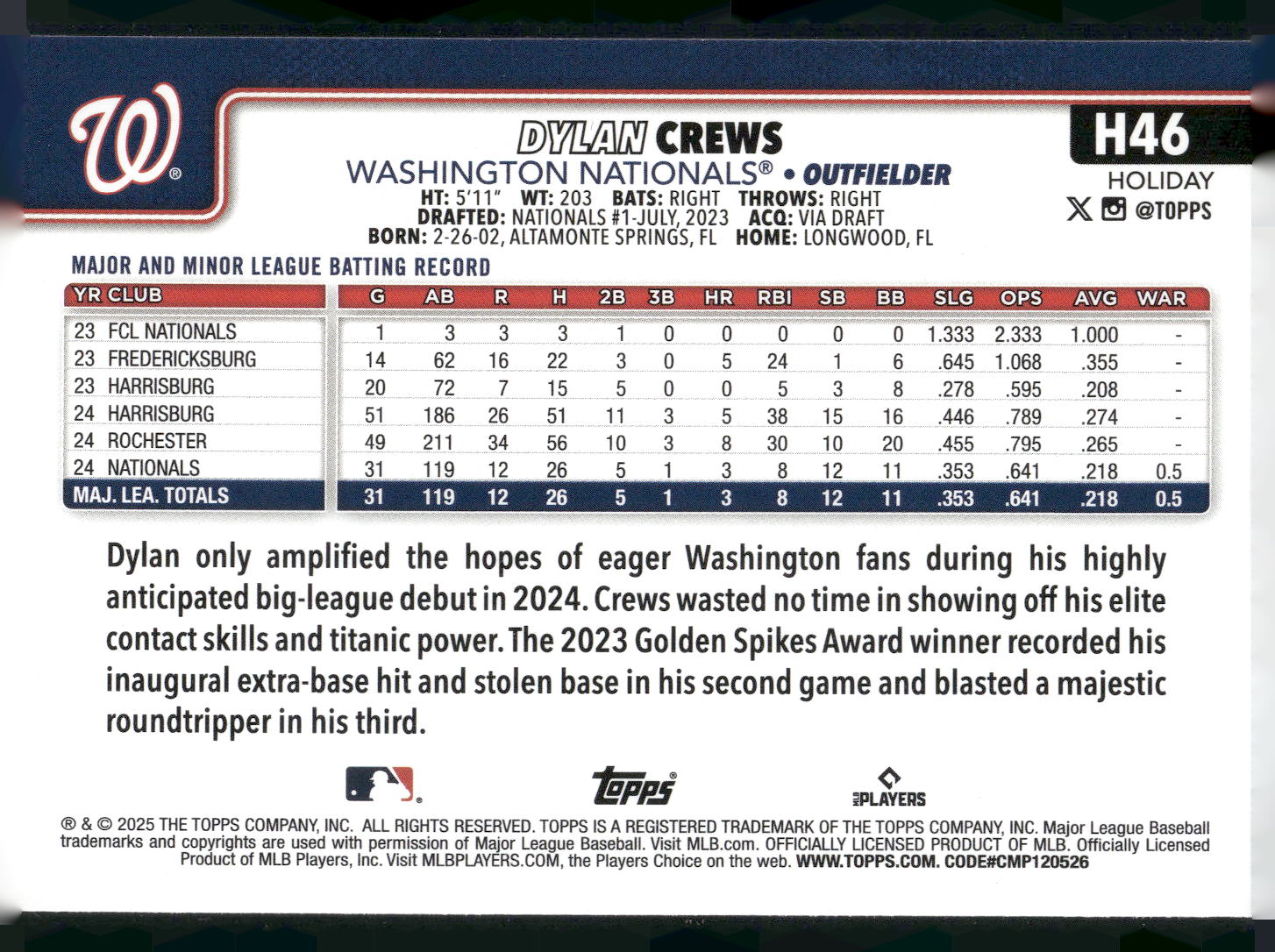2025 Topps Holiday #H46 Dylan Crews