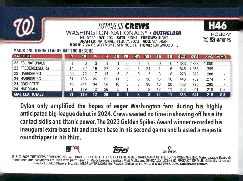 2025 Topps Holiday #H46 Dylan Crews