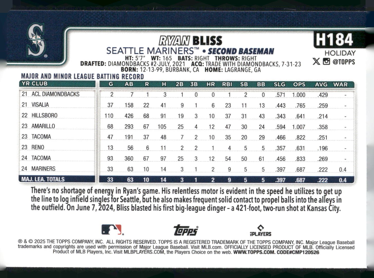 2025 Topps Holiday #H184 Ryan Bliss