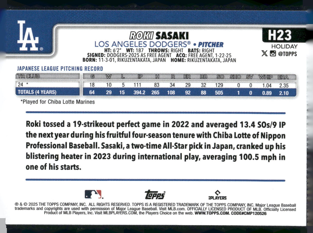 2025 Topps Holiday #H23 Roki Sasaki