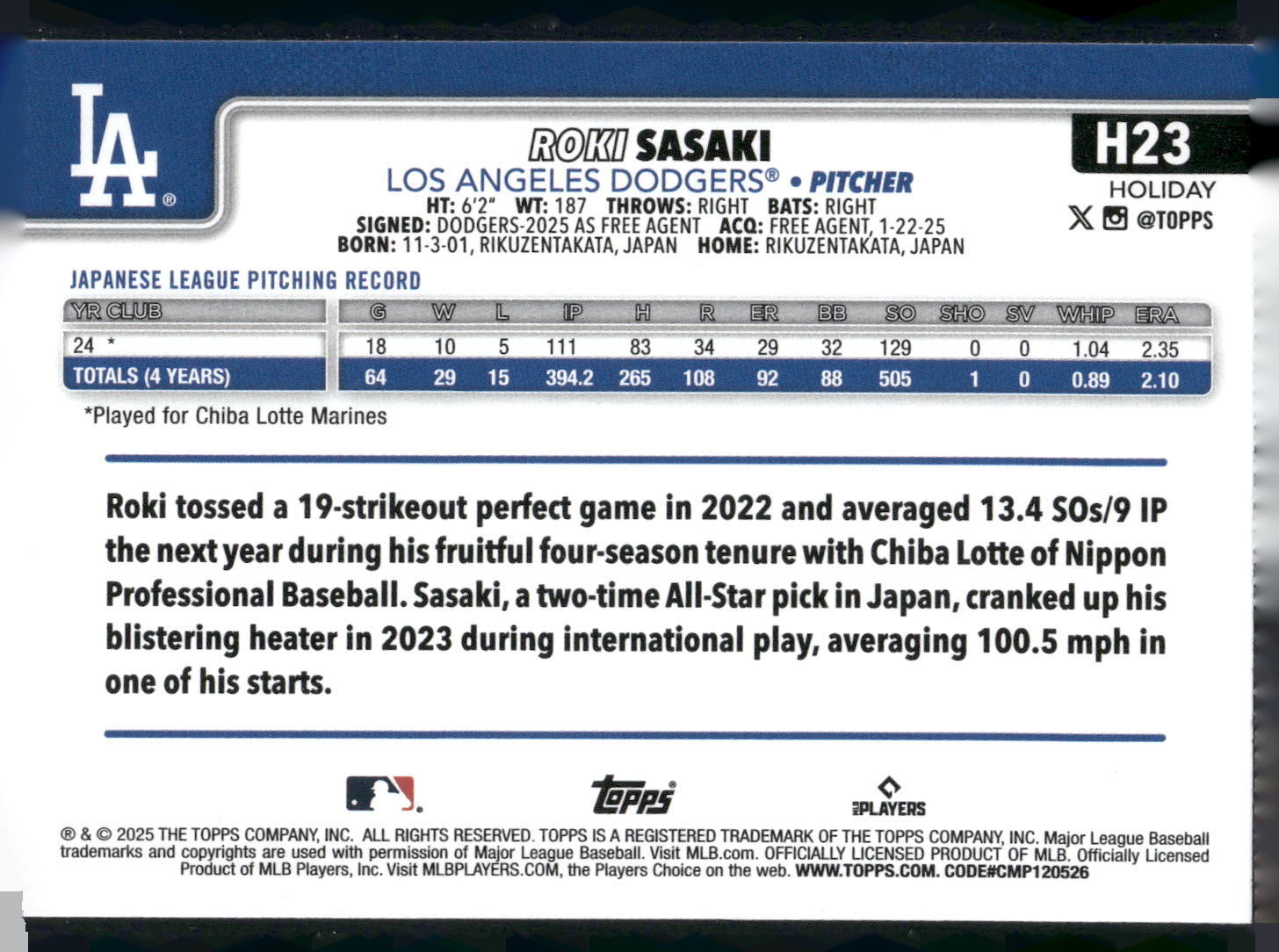 2025 Topps Holiday #H23 Roki Sasaki