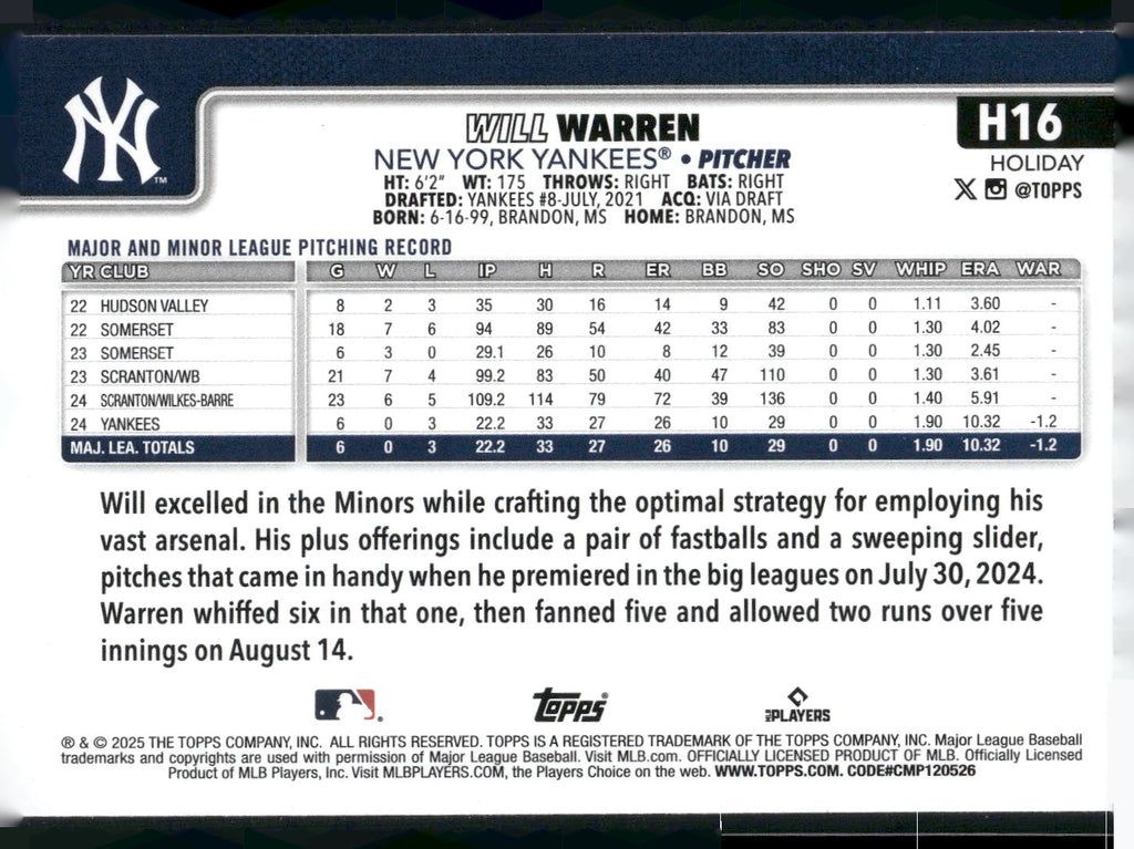 2025 Topps Holiday #H16 Will Warren
