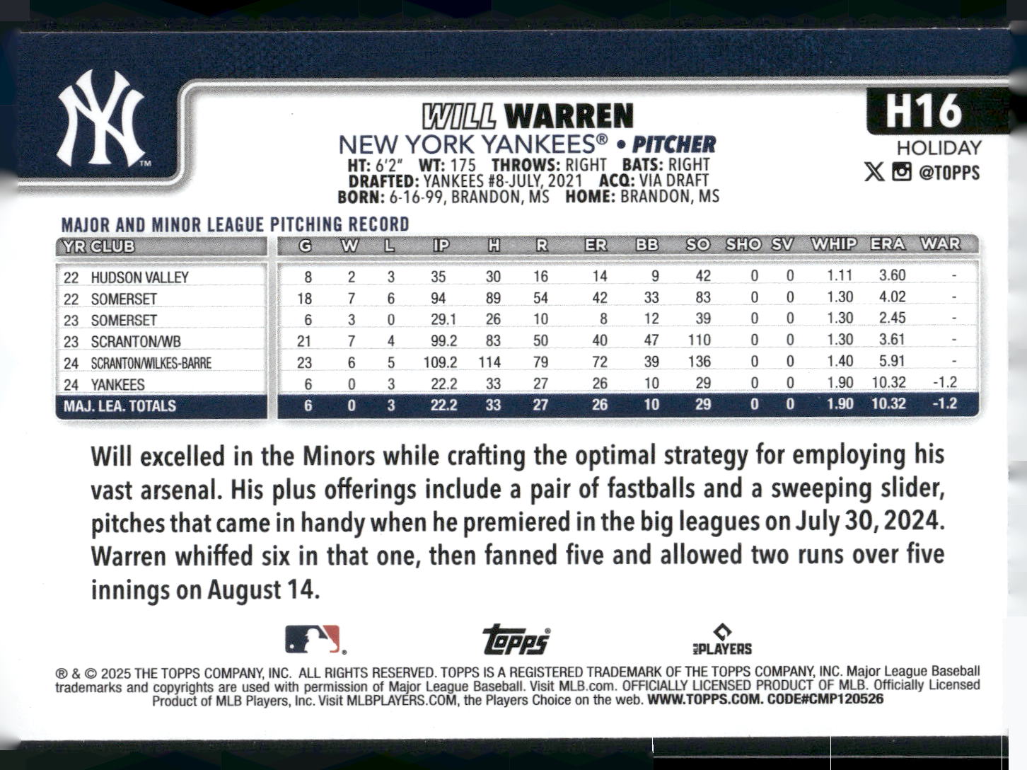 2025 Topps Holiday #H16 Will Warren