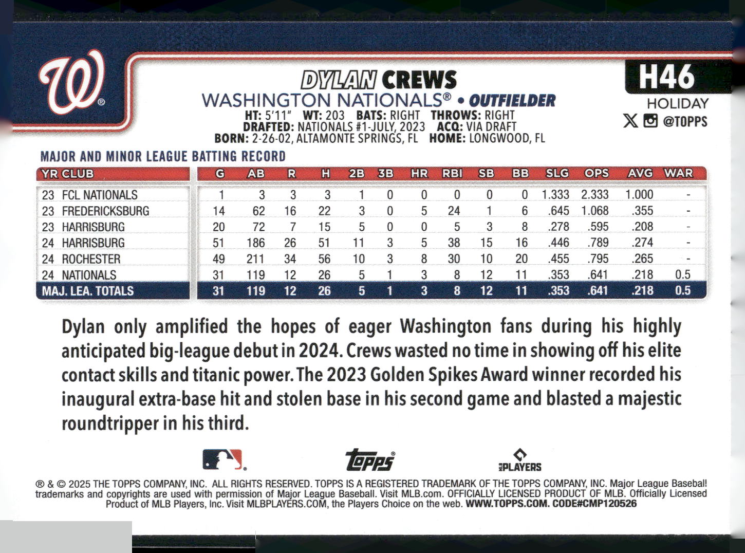 2025 Topps Holiday #H46 Dylan Crews