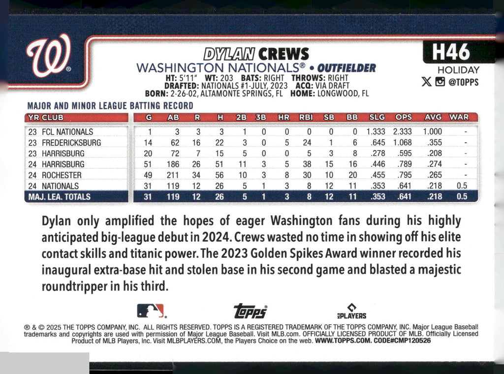 2025 Topps Holiday #H46 Dylan Crews