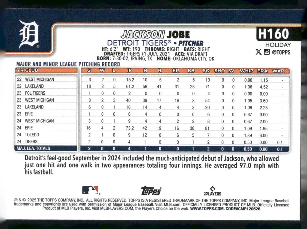 2025 Topps Holiday #H160 Jackson Jobe