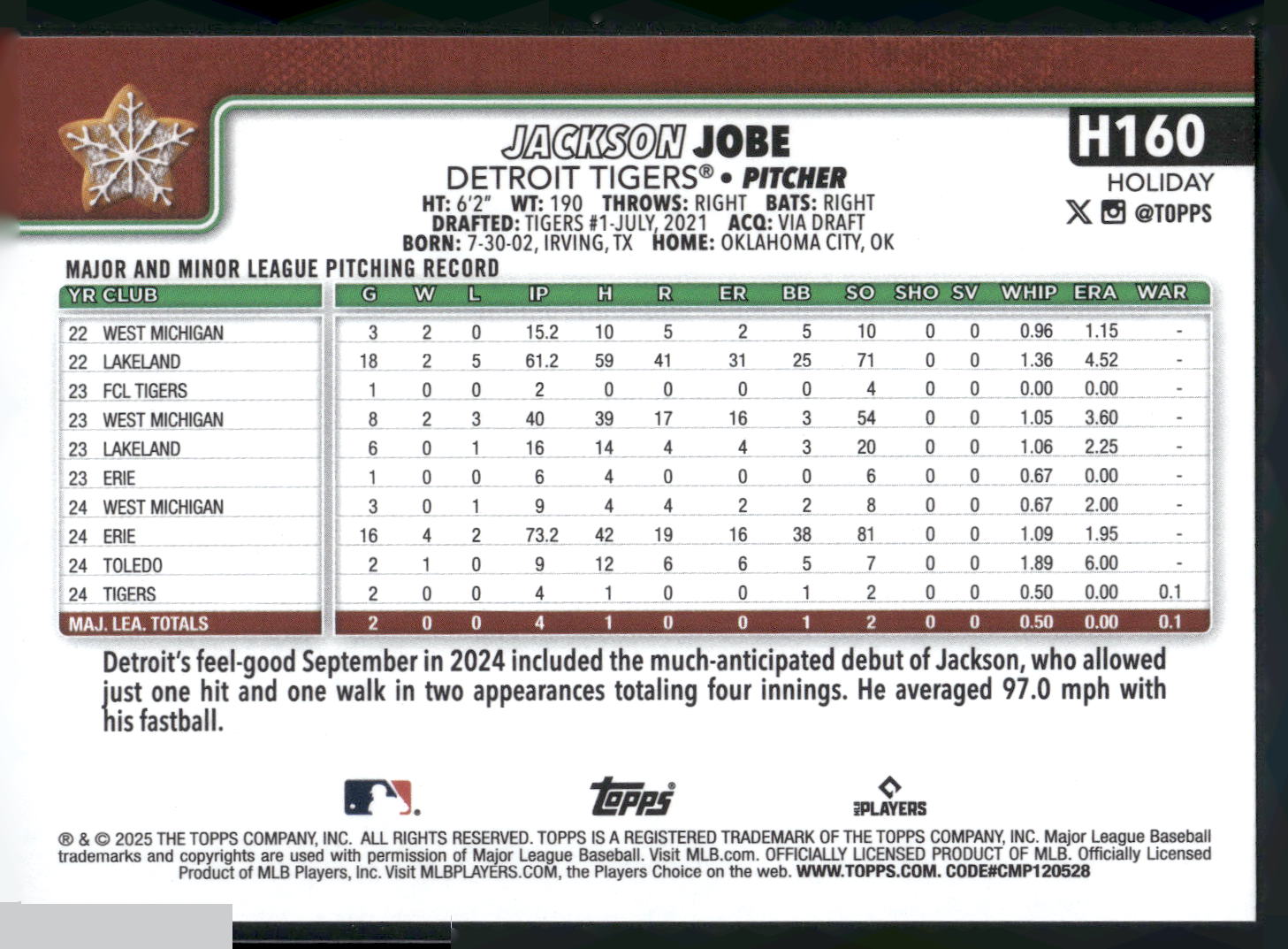 2025 Topps Holiday #H160 Jackson Jobe