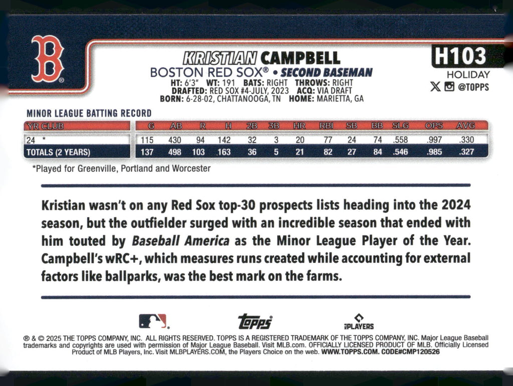 2025 Topps Holiday #H103 Kristian Campbell