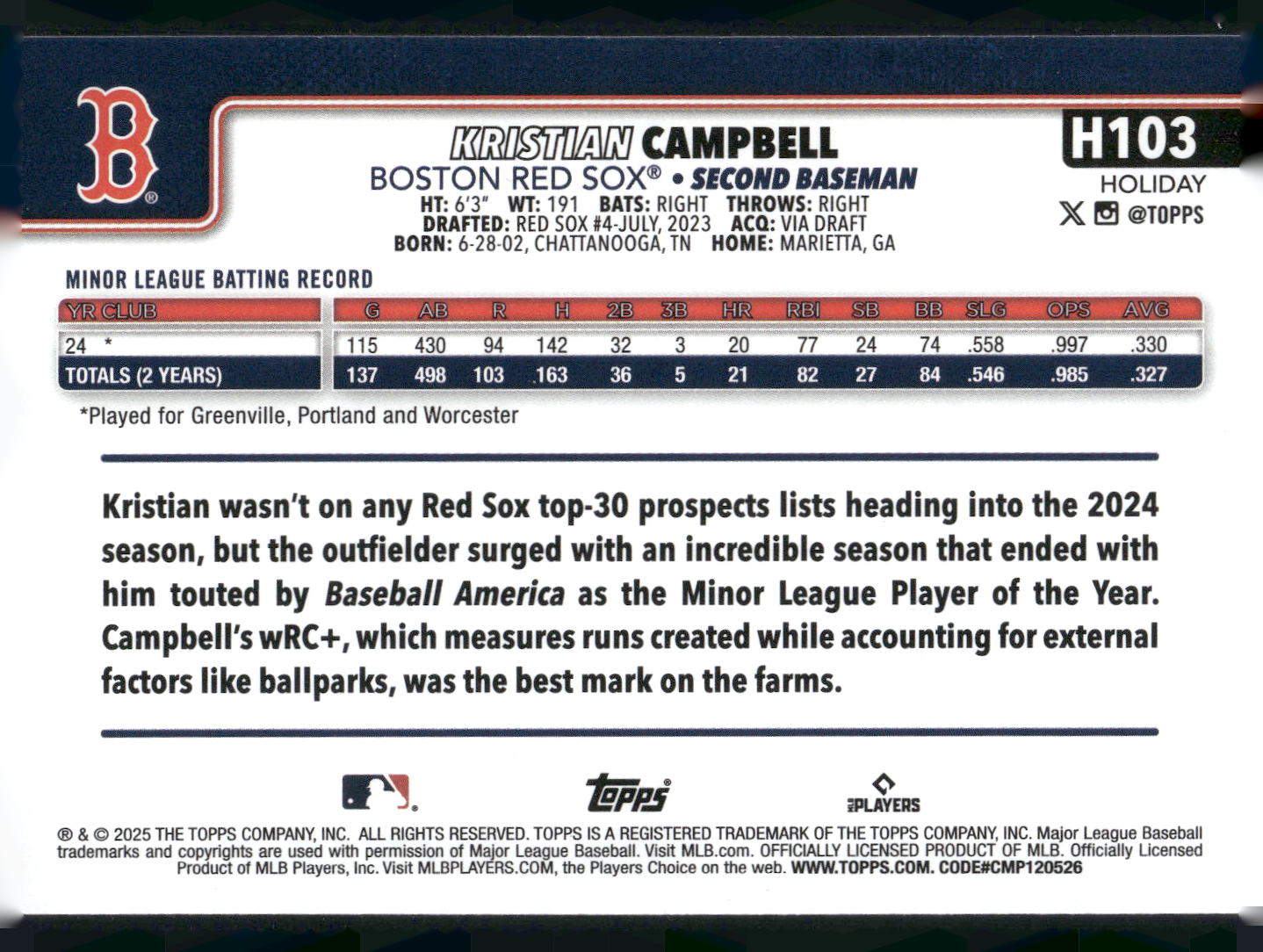 2025 Topps Holiday #H103 Kristian Campbell