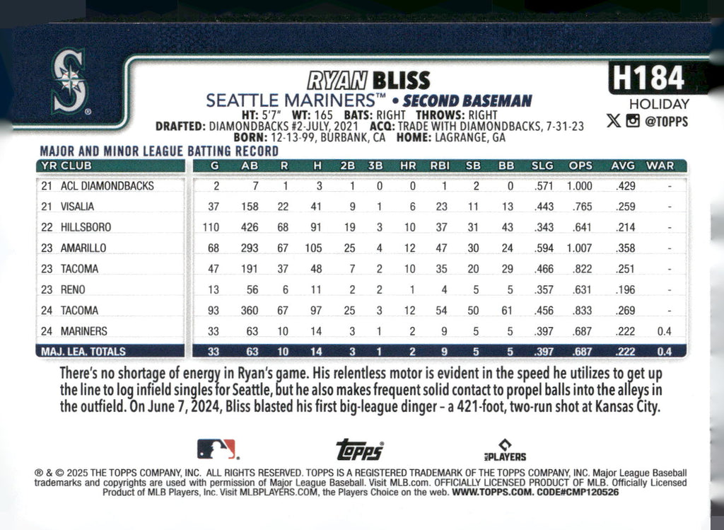 2025 Topps Holiday #H184 Ryan Bliss
