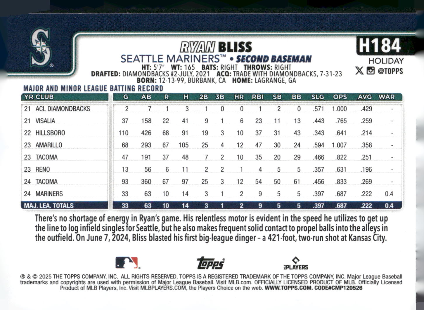 2025 Topps Holiday #H184 Ryan Bliss