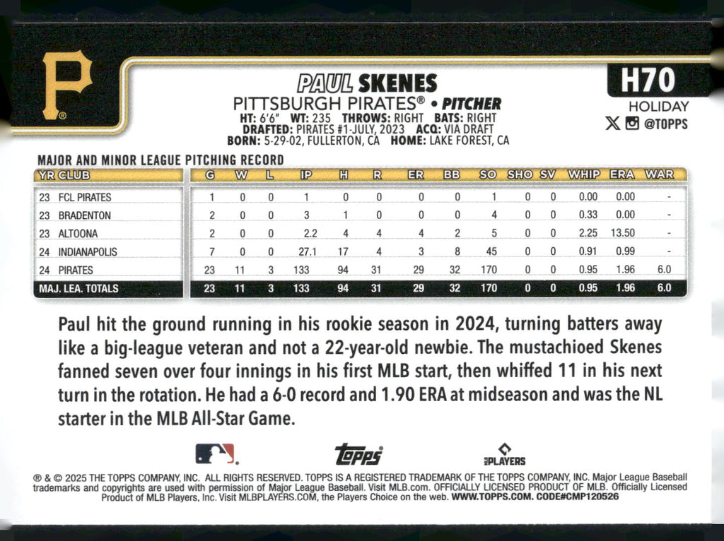 2025 Topps Holiday #H70 Paul Skenes