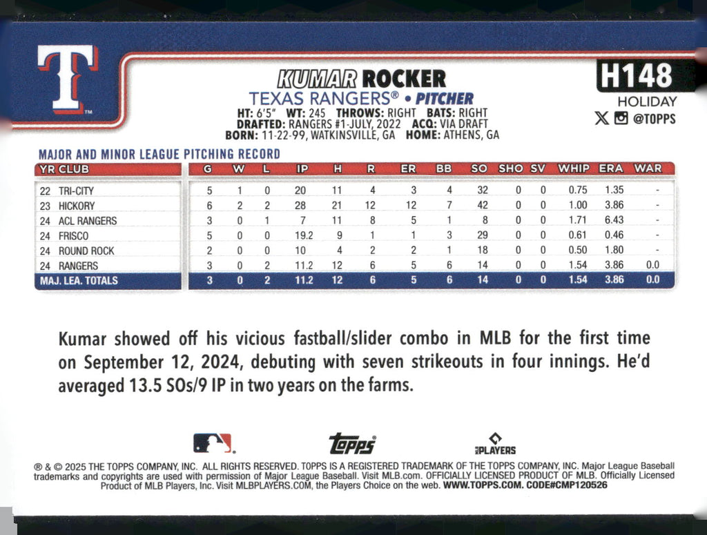 2025 Topps Holiday #H148 Kumar Rocker
