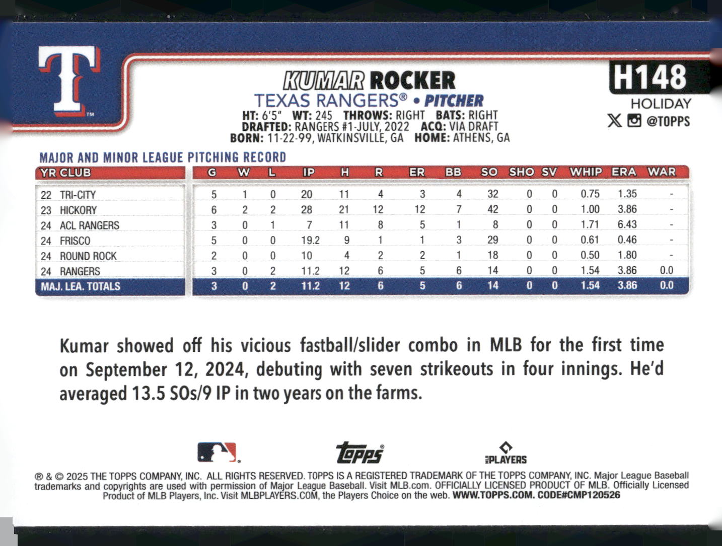 2025 Topps Holiday #H148 Kumar Rocker