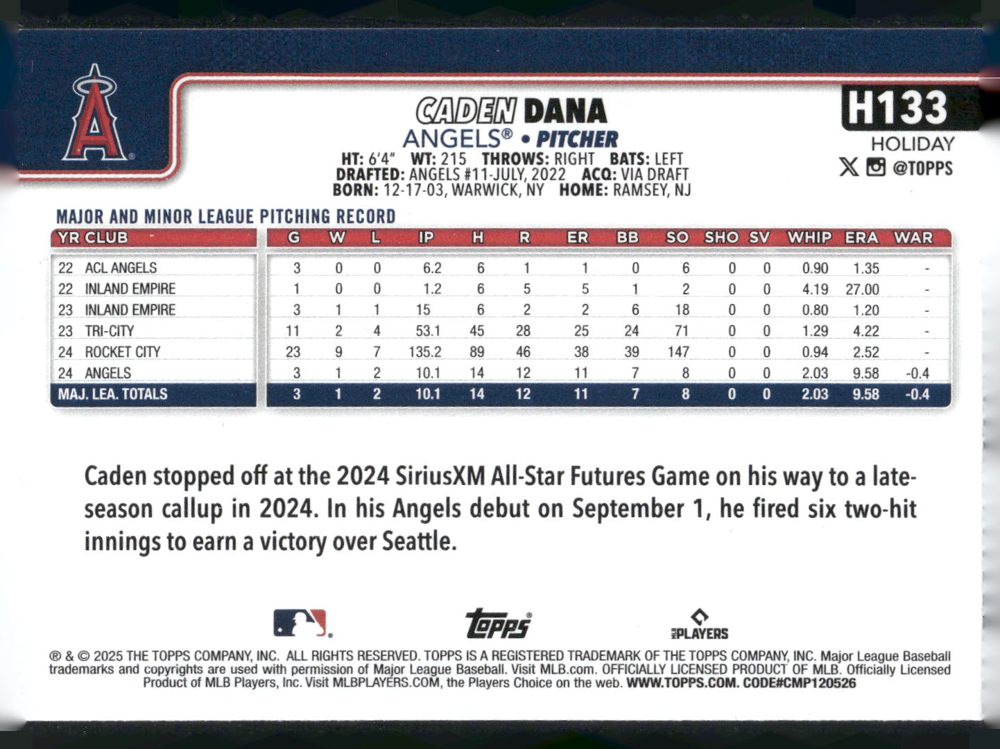 2025 Topps Holiday #H133 Caden Dana