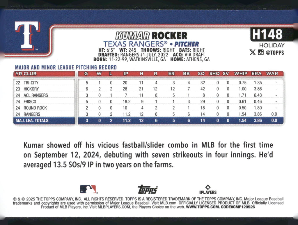 2025 Topps Holiday #H148 Kumar Rocker