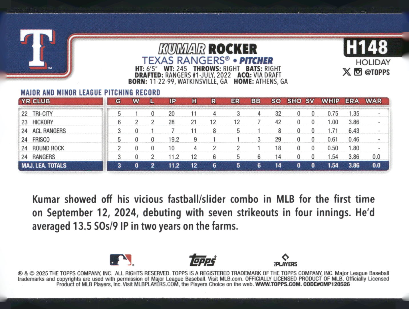 2025 Topps Holiday #H148 Kumar Rocker
