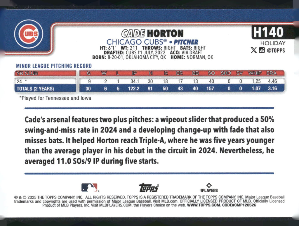 2025 Topps Holiday #H140 Cade Horton