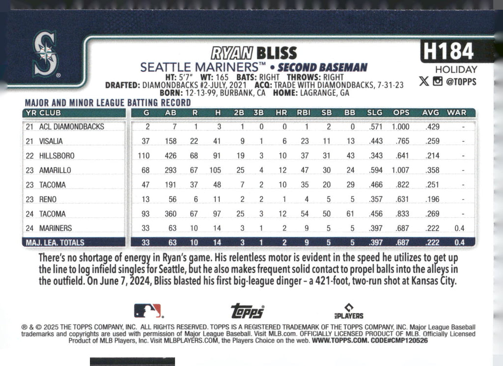 2025 Topps Holiday #H184 Ryan Bliss