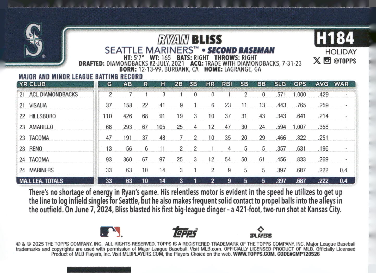 2025 Topps Holiday #H184 Ryan Bliss