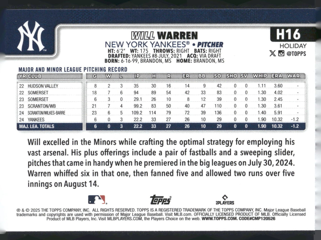 2025 Topps Holiday #H16 Will Warren